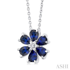 4X3 MM Floral Pear Cut Sapphire and 1/50 Ctw Round Cut Diamond Precious Pendant With Chain in 14K White Gold 4X3 MM Floral Pear Cut Sapphire and 1/50 Ctw Round Cut Diamond Precious Pendant With Chain in 14K White Gold