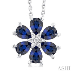 4X3 MM Floral Pear Cut Sapphire and 1/50 Ctw Round Cut Diamond Precious Pendant With Chain in 14K White Gold 4X3 MM Floral Pear Cut Sapphire and 1/50 Ctw Round Cut Diamond Precious Pendant With Chain in 14K White Gold