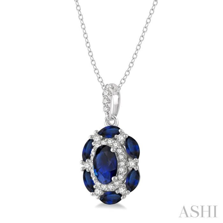 6x4 MM Oval Cut & 4x2 MM Marquise Cut Sapphire and 1/6 Ctw Round Cut Diamond Precious Pendant With Chain in 14K White Gold 6x4 MM Oval Cut & 4x2 MM Marquise Cut Sapphire and 1/6 Ctw Round Cut Diamond Precious Pendant With Chain in 14K White Gold