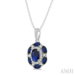 6x4 MM Oval Cut & 4x2 MM Marquise Cut Sapphire and 1/6 Ctw Round Cut Diamond Precious Pendant With Chain in 14K White Gold 6x4 MM Oval Cut & 4x2 MM Marquise Cut Sapphire and 1/6 Ctw Round Cut Diamond Precious Pendant With Chain in 14K White Gold