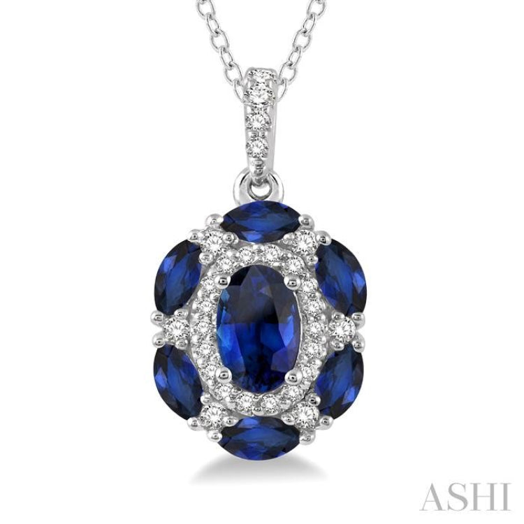 6x4 MM Oval Cut & 4x2 MM Marquise Cut Sapphire and 1/6 Ctw Round Cut Diamond Precious Pendant With Chain in 14K White Gold 6x4 MM Oval Cut & 4x2 MM Marquise Cut Sapphire and 1/6 Ctw Round Cut Diamond Precious Pendant With Chain in 14K White Gold