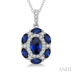 6x4 MM Oval Cut & 4x2 MM Marquise Cut Sapphire and 1/6 Ctw Round Cut Diamond Precious Pendant With Chain in 14K White Gold 6x4 MM Oval Cut & 4x2 MM Marquise Cut Sapphire and 1/6 Ctw Round Cut Diamond Precious Pendant With Chain in 14K White Gold