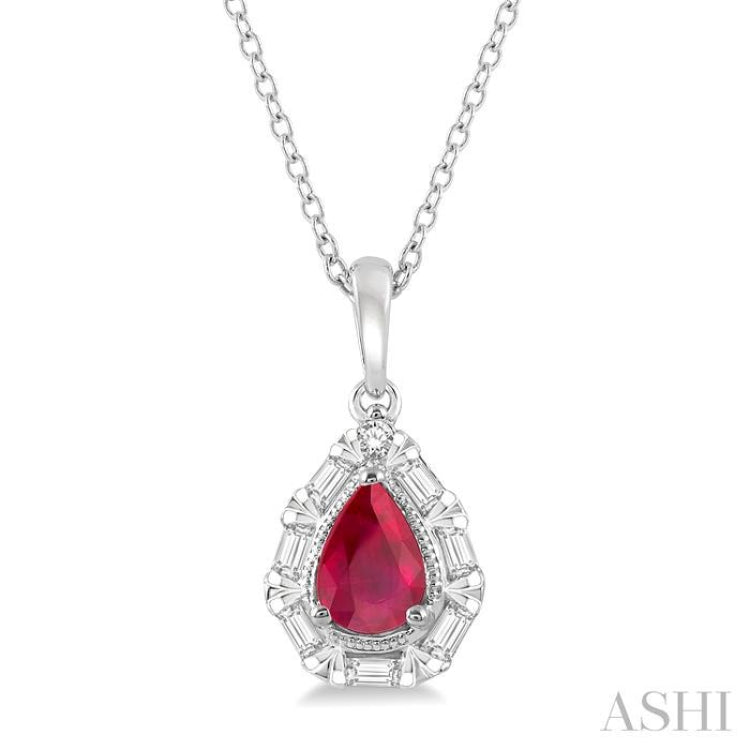 6x4 MM Pear Shape Ruby and 1/5 Ctw Baguette and Round Cut Diamond Precious Pendant With Chain in 14K White Gold 6x4 MM Pear Shape Ruby and 1/5 Ctw Baguette and Round Cut Diamond Precious Pendant With Chain in 14K White Gold