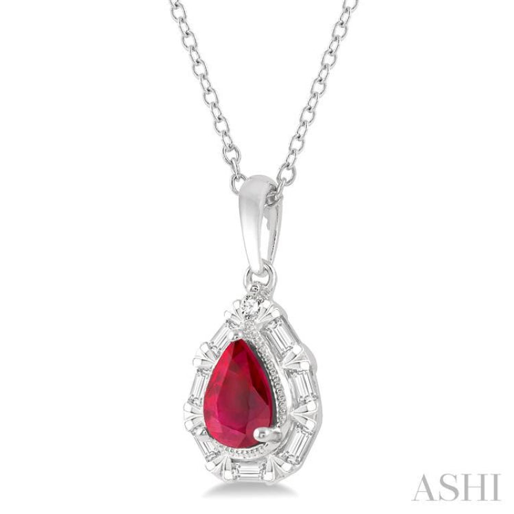 6x4 MM Pear Shape Ruby and 1/5 Ctw Baguette and Round Cut Diamond Precious Pendant With Chain in 14K White Gold 6x4 MM Pear Shape Ruby and 1/5 Ctw Baguette and Round Cut Diamond Precious Pendant With Chain in 14K White Gold