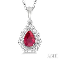 6x4 MM Pear Shape Ruby and 1/5 Ctw Baguette and Round Cut Diamond Precious Pendant With Chain in 14K White Gold 6x4 MM Pear Shape Ruby and 1/5 Ctw Baguette and Round Cut Diamond Precious Pendant With Chain in 14K White Gold