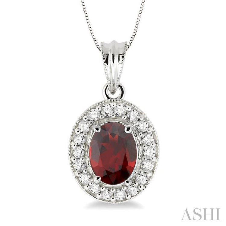 8x6 MM Oval Cut Garnet and 1/3 Ctw Round Cut Diamond Pendant in 14K White Gold with Chain 8x6 MM Oval Cut Garnet and 1/3 Ctw Round Cut Diamond Pendant in 14K White Gold with Chain
