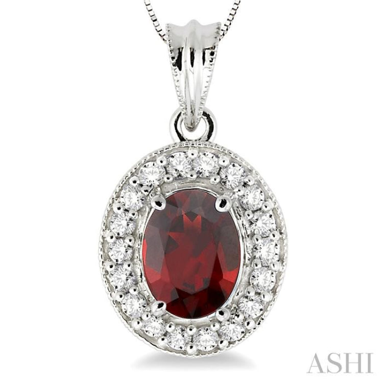 8x6 MM Oval Cut Garnet and 1/3 Ctw Round Cut Diamond Pendant in 14K White Gold with Chain 8x6 MM Oval Cut Garnet and 1/3 Ctw Round Cut Diamond Pendant in 14K White Gold with Chain