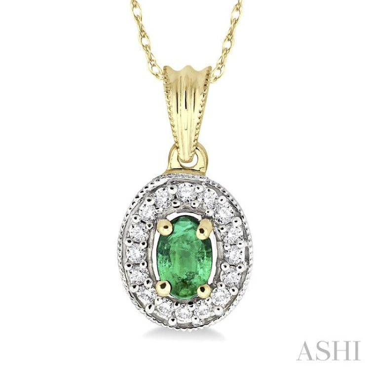 6x4 MM Oval Cut Emerald and 1/5 Ctw Round Cut Diamond Pendant in 14K Yellow Gold with Chain 6x4 MM Oval Cut Emerald and 1/5 Ctw Round Cut Diamond Pendant in 14K Yellow Gold with Chain