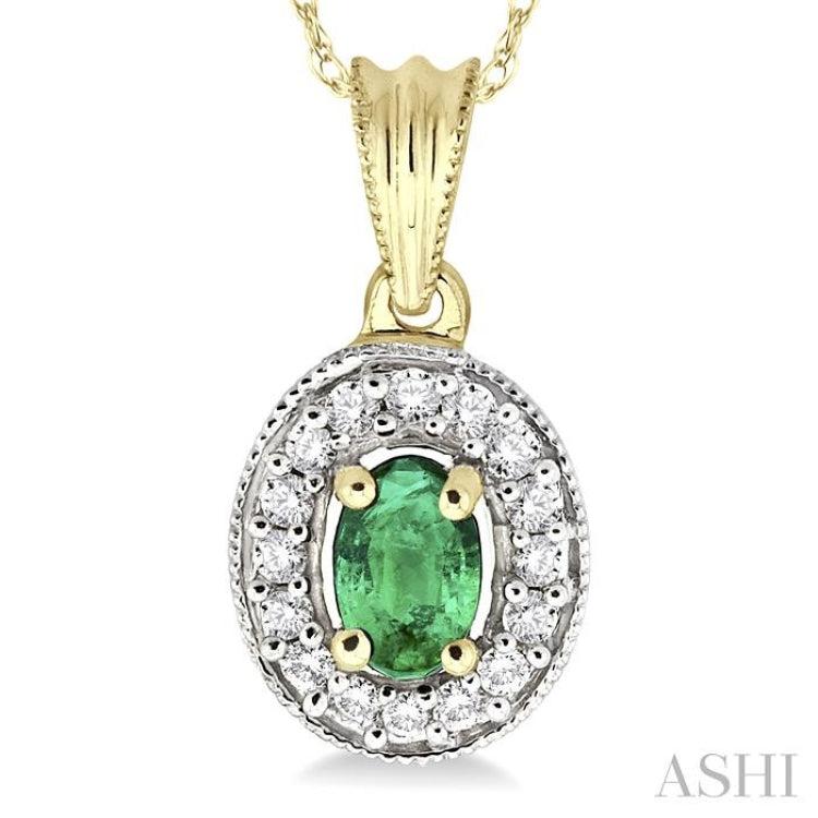 6x4 MM Oval Cut Emerald and 1/5 Ctw Round Cut Diamond Pendant in 14K Yellow Gold with Chain 6x4 MM Oval Cut Emerald and 1/5 Ctw Round Cut Diamond Pendant in 14K Yellow Gold with Chain