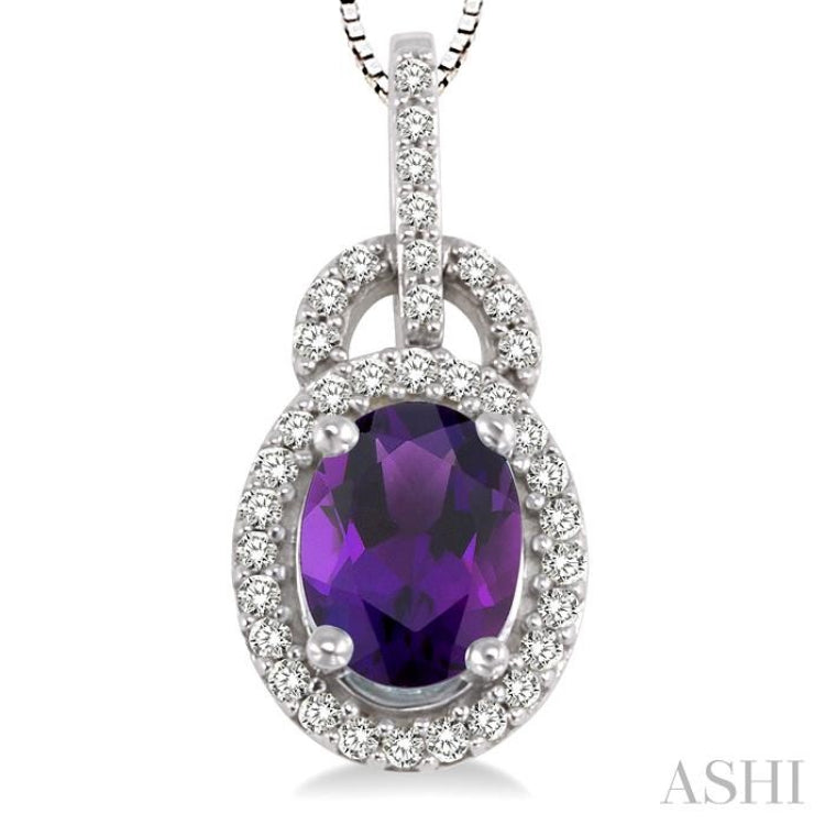 8x6 MM Oval Cut Amethyst and 1/4 Ctw Round Cut Diamond Pendant in 14K White Gold with Chain 8x6 MM Oval Cut Amethyst and 1/4 Ctw Round Cut Diamond Pendant in 14K White Gold with Chain
