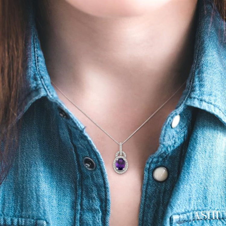 8x6 MM Oval Cut Amethyst and 1/4 Ctw Round Cut Diamond Pendant in 14K White Gold with Chain 8x6 MM Oval Cut Amethyst and 1/4 Ctw Round Cut Diamond Pendant in 14K White Gold with Chain