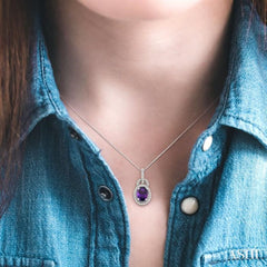 8x6 MM Oval Cut Amethyst and 1/4 Ctw Round Cut Diamond Pendant in 14K White Gold with Chain 8x6 MM Oval Cut Amethyst and 1/4 Ctw Round Cut Diamond Pendant in 14K White Gold with Chain