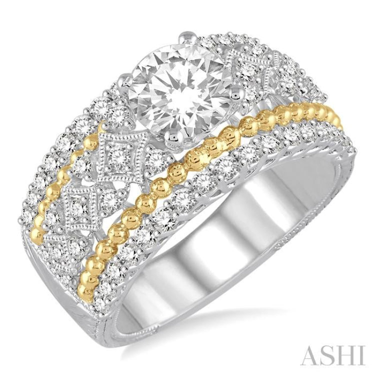 3/4 ctw Round Cut Diamond Semi-Mount Engagement Ring in 14K White and Yellow Gold 3/4 ctw Round Cut Diamond Semi-Mount Engagement Ring in 14K White and Yellow Gold