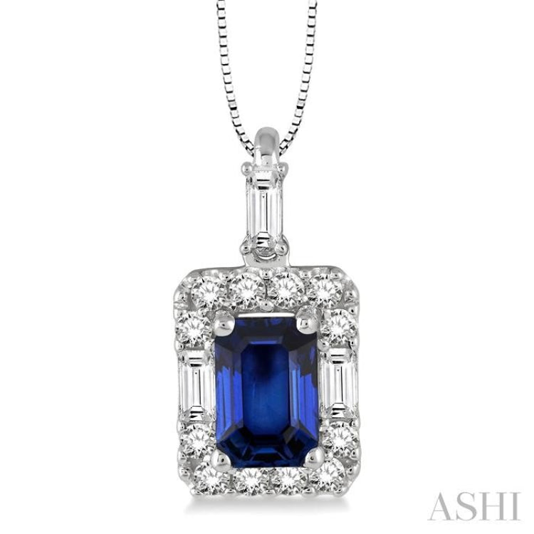 6x4 MM Octagon Cut Sapphire and 1/3 Ctw Round Cut Diamond Precious Pendant in 14K White Gold with Chain 6x4 MM Octagon Cut Sapphire and 1/3 Ctw Round Cut Diamond Precious Pendant in 14K White Gold with Chain