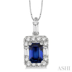 6x4 MM Octagon Cut Sapphire and 1/3 Ctw Round Cut Diamond Precious Pendant in 14K White Gold with Chain 6x4 MM Octagon Cut Sapphire and 1/3 Ctw Round Cut Diamond Precious Pendant in 14K White Gold with Chain