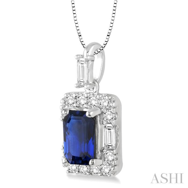 6x4 MM Octagon Cut Sapphire and 1/3 Ctw Round Cut Diamond Precious Pendant in 14K White Gold with Chain 6x4 MM Octagon Cut Sapphire and 1/3 Ctw Round Cut Diamond Precious Pendant in 14K White Gold with Chain