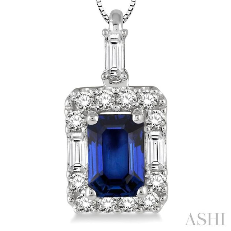6x4 MM Octagon Cut Sapphire and 1/3 Ctw Round Cut Diamond Precious Pendant in 14K White Gold with Chain 6x4 MM Octagon Cut Sapphire and 1/3 Ctw Round Cut Diamond Precious Pendant in 14K White Gold with Chain