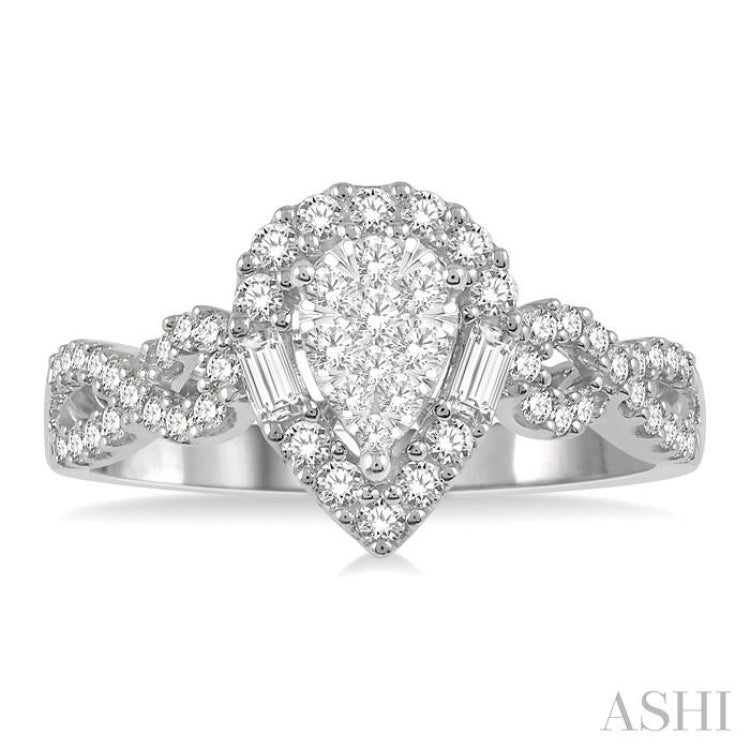 1/2 ctw Pear Shape Bow Shank Lovebright Round and Baguette Diamond Ring in 14K White gold 1/2 ctw Pear Shape Bow Shank Lovebright Round and Baguette Diamond Ring in 14K White gold