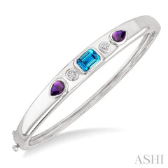7x5 MM Octagon Shape Blue Topaz & 6x4 MM Pear Shape Amethyst and 1/10 Ctw Round Cut Diamond Semi-Precious Bangle in Sterling Silver 7x5 MM Octagon Shape Blue Topaz & 6x4 MM Pear Shape Amethyst and 1/10 Ctw Round Cut Diamond Semi-Precious Bangle in Sterling Silver