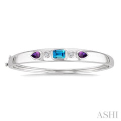 7x5 MM Octagon Shape Blue Topaz & 6x4 MM Pear Shape Amethyst and 1/10 Ctw Round Cut Diamond Semi-Precious Bangle in Sterling Silver 7x5 MM Octagon Shape Blue Topaz & 6x4 MM Pear Shape Amethyst and 1/10 Ctw Round Cut Diamond Semi-Precious Bangle in Sterling Silver