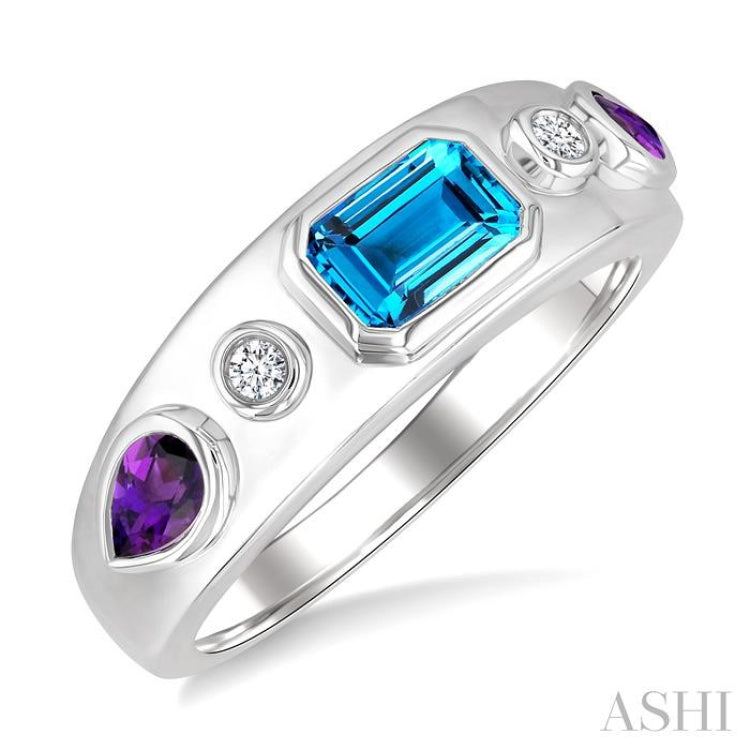 6x4 MM Octagon Shape Blue Topaz & 5x3 MM Pear Shape Amethyst and 1/20 Ctw Round Cut Diamond Semi-Precious Ring in Sterling Silver 6x4 MM Octagon Shape Blue Topaz & 5x3 MM Pear Shape Amethyst and 1/20 Ctw Round Cut Diamond Semi-Precious Ring in Sterling Silver