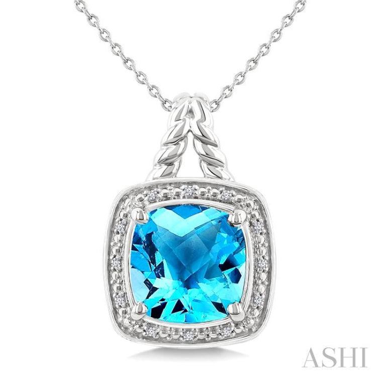 10 MM Cushion Shape Blue Topaz and 1/20 Ctw Single Cut Diamond Semi-precious Pendant With Chain in Sterling Silver 10 MM Cushion Shape Blue Topaz and 1/20 Ctw Single Cut Diamond Semi-precious Pendant With Chain in Sterling Silver