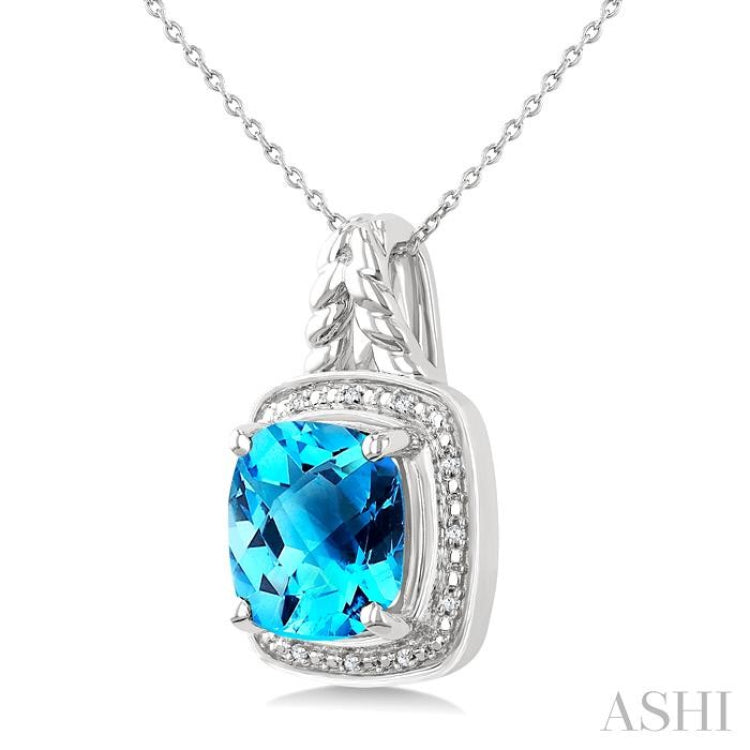 10 MM Cushion Shape Blue Topaz and 1/20 Ctw Single Cut Diamond Semi-precious Pendant With Chain in Sterling Silver 10 MM Cushion Shape Blue Topaz and 1/20 Ctw Single Cut Diamond Semi-precious Pendant With Chain in Sterling Silver