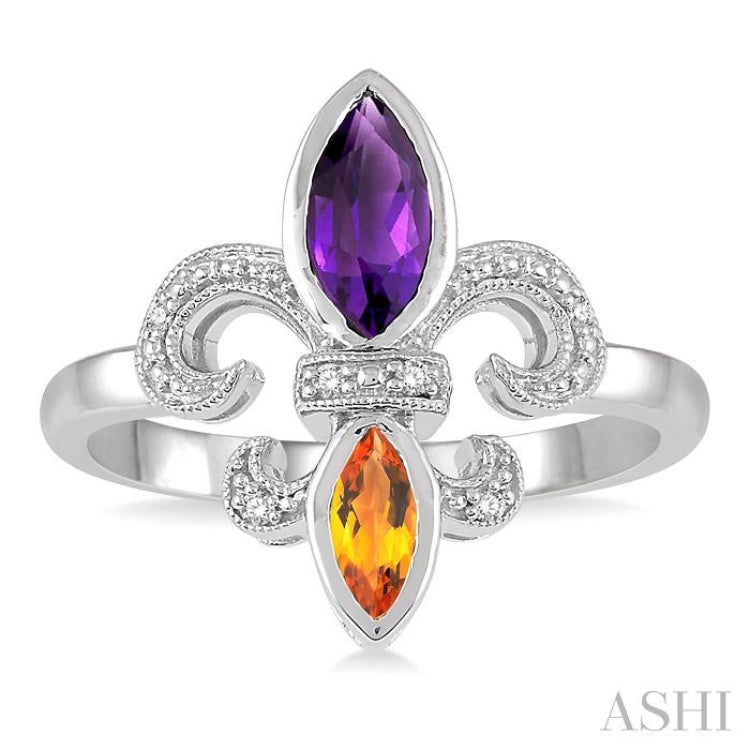 8x4 MM Marquise Cut Amethyst & 6X3 MM Marquise Cut Citrine and 1/50 Ctw Round Cut Diamond Fleur De Lis Ring in Sterling Silver 8x4 MM Marquise Cut Amethyst & 6X3 MM Marquise Cut Citrine and 1/50 Ctw Round Cut Diamond Fleur De Lis Ring in Sterling Silver