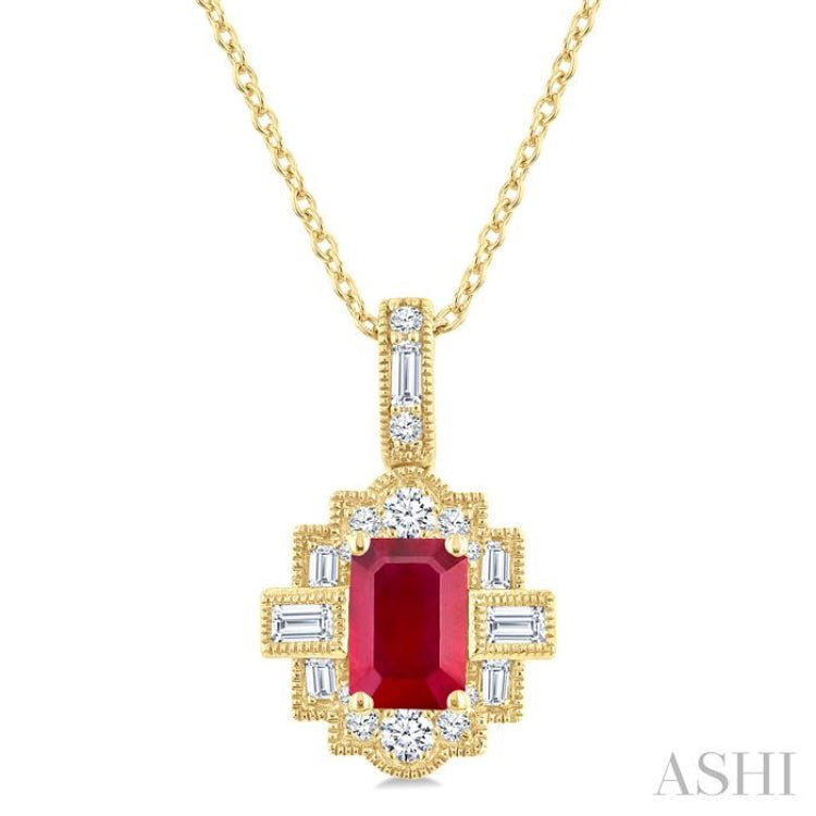 6X4 MM Octagon Shape Ruby and 1/4 Ctw Round and Baguette Cut Diamond Precious Pendant With Chain in 14K Yellow Gold 6X4 MM Octagon Shape Ruby and 1/4 Ctw Round and Baguette Cut Diamond Precious Pendant With Chain in 14K Yellow Gold