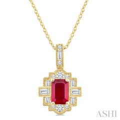 6X4 MM Octagon Shape Ruby and 1/4 Ctw Round and Baguette Cut Diamond Precious Pendant With Chain in 14K Yellow Gold 6X4 MM Octagon Shape Ruby and 1/4 Ctw Round and Baguette Cut Diamond Precious Pendant With Chain in 14K Yellow Gold