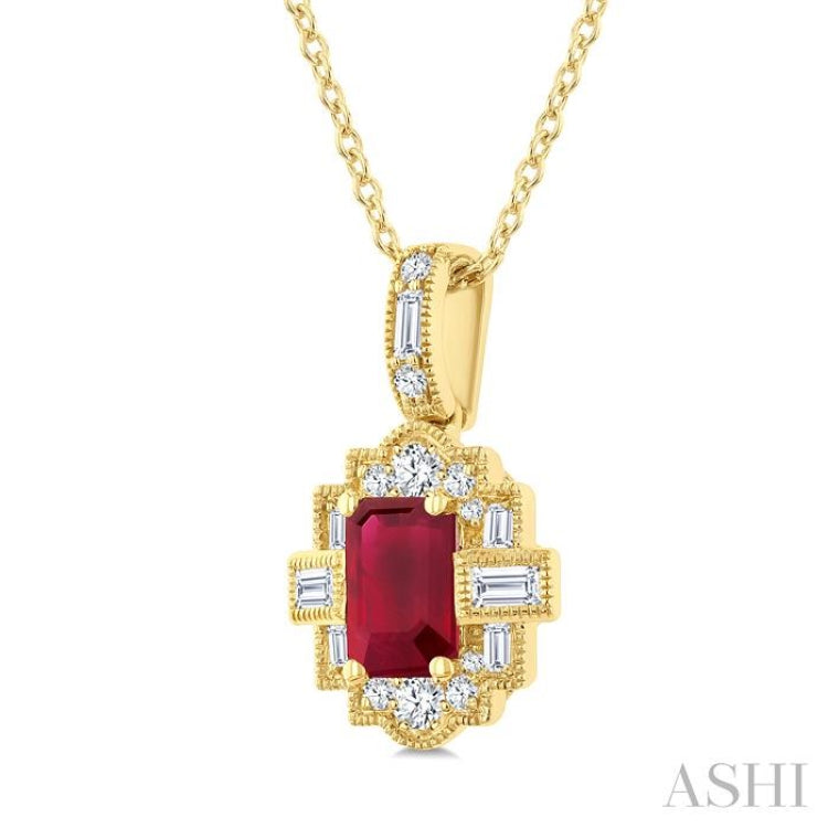 6X4 MM Octagon Shape Ruby and 1/4 Ctw Round and Baguette Cut Diamond Precious Pendant With Chain in 14K Yellow Gold 6X4 MM Octagon Shape Ruby and 1/4 Ctw Round and Baguette Cut Diamond Precious Pendant With Chain in 14K Yellow Gold