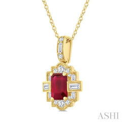 6X4 MM Octagon Shape Ruby and 1/4 Ctw Round and Baguette Cut Diamond Precious Pendant With Chain in 14K Yellow Gold 6X4 MM Octagon Shape Ruby and 1/4 Ctw Round and Baguette Cut Diamond Precious Pendant With Chain in 14K Yellow Gold