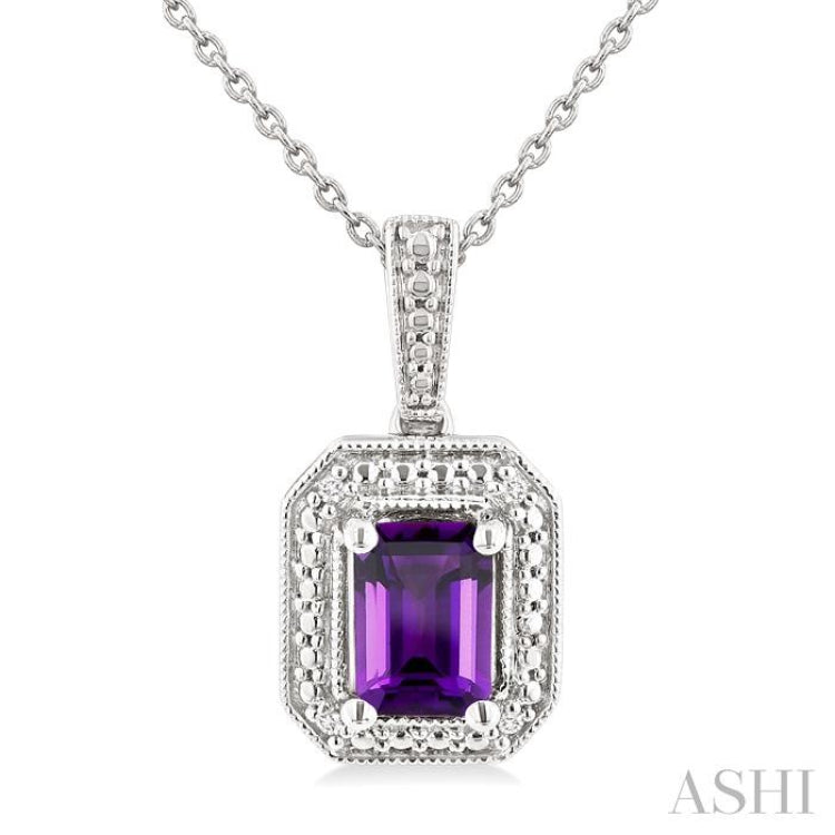 7X5 MM Octagon Shape Amethyst and 1/50 Ctw Single Cut Diamond Semi-precious Pendant With Chain in Sterling Silver 7X5 MM Octagon Shape Amethyst and 1/50 Ctw Single Cut Diamond Semi-precious Pendant With Chain in Sterling Silver