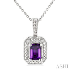 7X5 MM Octagon Shape Amethyst and 1/50 Ctw Single Cut Diamond Semi-precious Pendant With Chain in Sterling Silver 7X5 MM Octagon Shape Amethyst and 1/50 Ctw Single Cut Diamond Semi-precious Pendant With Chain in Sterling Silver
