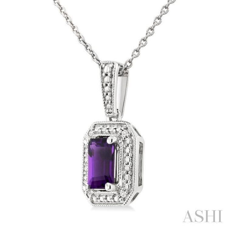 7X5 MM Octagon Shape Amethyst and 1/50 Ctw Single Cut Diamond Semi-precious Pendant With Chain in Sterling Silver 7X5 MM Octagon Shape Amethyst and 1/50 Ctw Single Cut Diamond Semi-precious Pendant With Chain in Sterling Silver