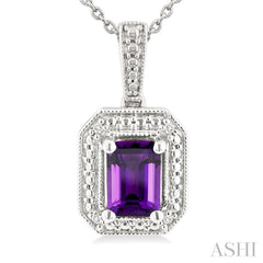 7X5 MM Octagon Shape Amethyst and 1/50 Ctw Single Cut Diamond Semi-precious Pendant With Chain in Sterling Silver 7X5 MM Octagon Shape Amethyst and 1/50 Ctw Single Cut Diamond Semi-precious Pendant With Chain in Sterling Silver