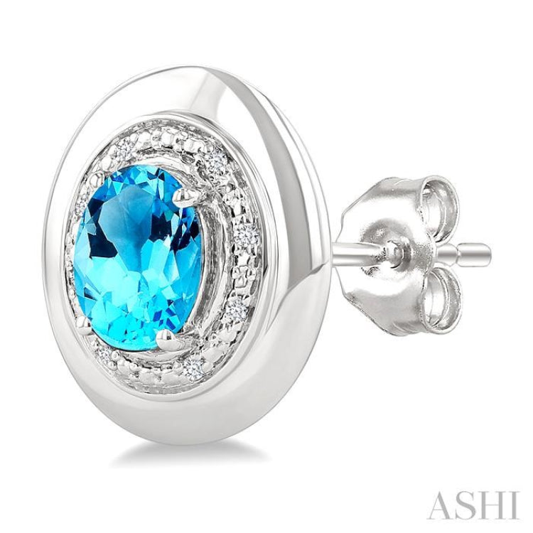 7X5 MM Oval Shape Blue Topaz and 1/20 Ctw Single Cut Diamond Semi-Precious Earrings in Sterling Silver 7X5 MM Oval Shape Blue Topaz and 1/20 Ctw Single Cut Diamond Semi-Precious Earrings in Sterling Silver