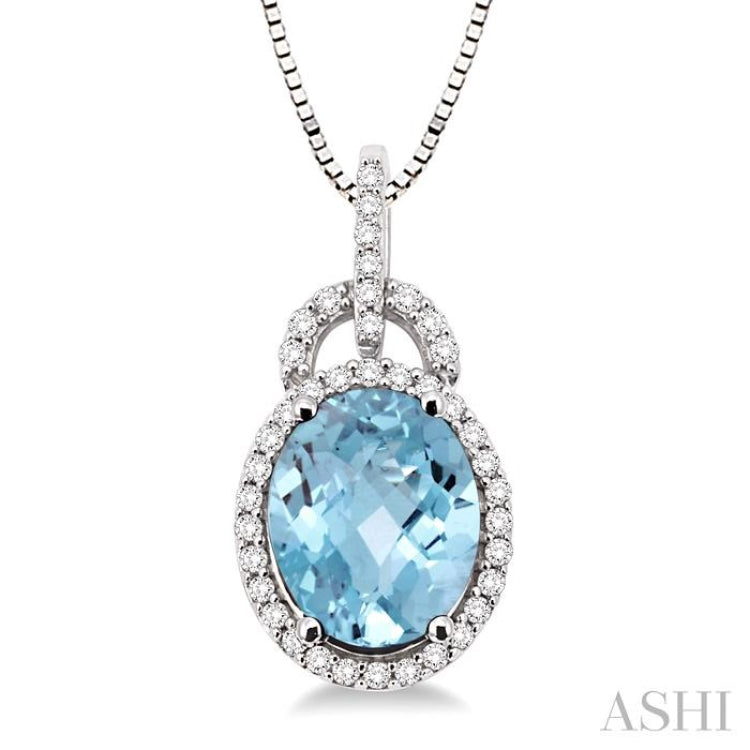 11x9 MM Oval Cut Aquamarine and 1/3 Ctw Round Cut Diamond Pendant in 14K White Gold with Chain 11x9 MM Oval Cut Aquamarine and 1/3 Ctw Round Cut Diamond Pendant in 14K White Gold with Chain
