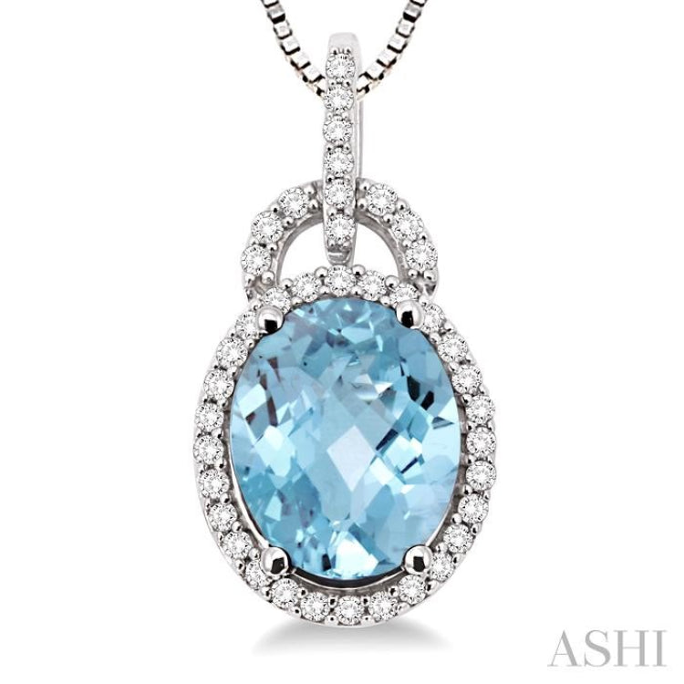 11x9 MM Oval Cut Aquamarine and 1/3 Ctw Round Cut Diamond Pendant in 14K White Gold with Chain 11x9 MM Oval Cut Aquamarine and 1/3 Ctw Round Cut Diamond Pendant in 14K White Gold with Chain