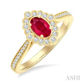 6X4 MM Oval Cut Ruby and 1/4 Ctw Art Deco Round Cut Diamond Halo Precious Ring in 14K Yellow Gold