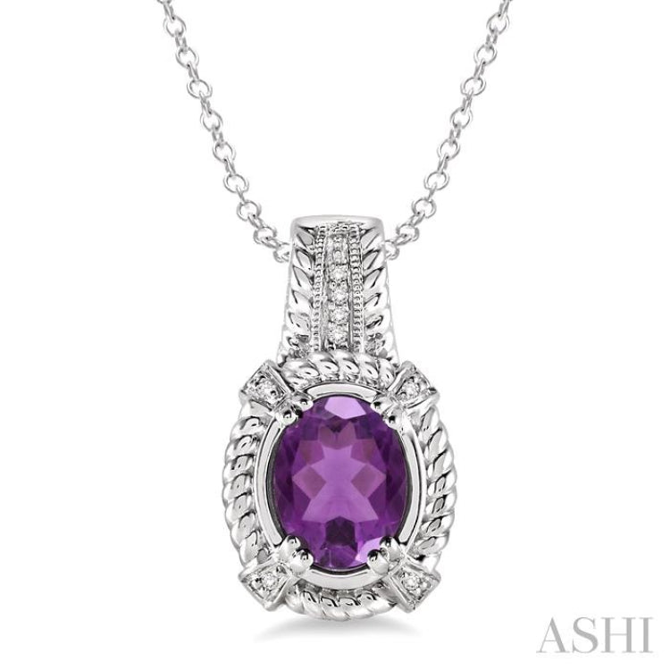 9x7 MM Oval Cut Amethyst and 1/50 Ctw Single Cut Diamond Pendant in Sterling Silver with Chain 9x7 MM Oval Cut Amethyst and 1/50 Ctw Single Cut Diamond Pendant in Sterling Silver with Chain