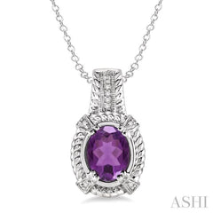 9x7 MM Oval Cut Amethyst and 1/50 Ctw Single Cut Diamond Pendant in Sterling Silver with Chain 9x7 MM Oval Cut Amethyst and 1/50 Ctw Single Cut Diamond Pendant in Sterling Silver with Chain