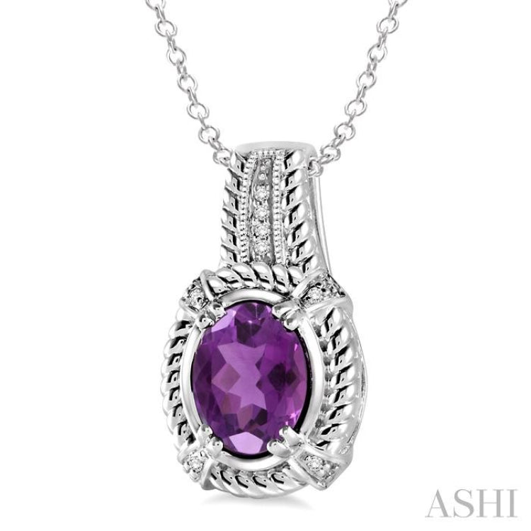 9x7 MM Oval Cut Amethyst and 1/50 Ctw Single Cut Diamond Pendant in Sterling Silver with Chain 9x7 MM Oval Cut Amethyst and 1/50 Ctw Single Cut Diamond Pendant in Sterling Silver with Chain