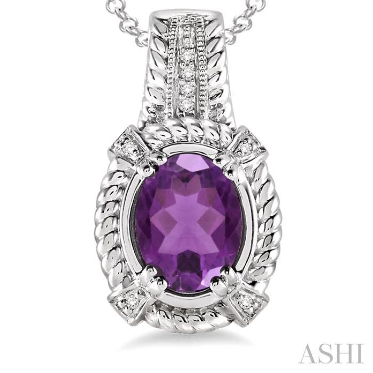 9x7 MM Oval Cut Amethyst and 1/50 Ctw Single Cut Diamond Pendant in Sterling Silver with Chain 9x7 MM Oval Cut Amethyst and 1/50 Ctw Single Cut Diamond Pendant in Sterling Silver with Chain