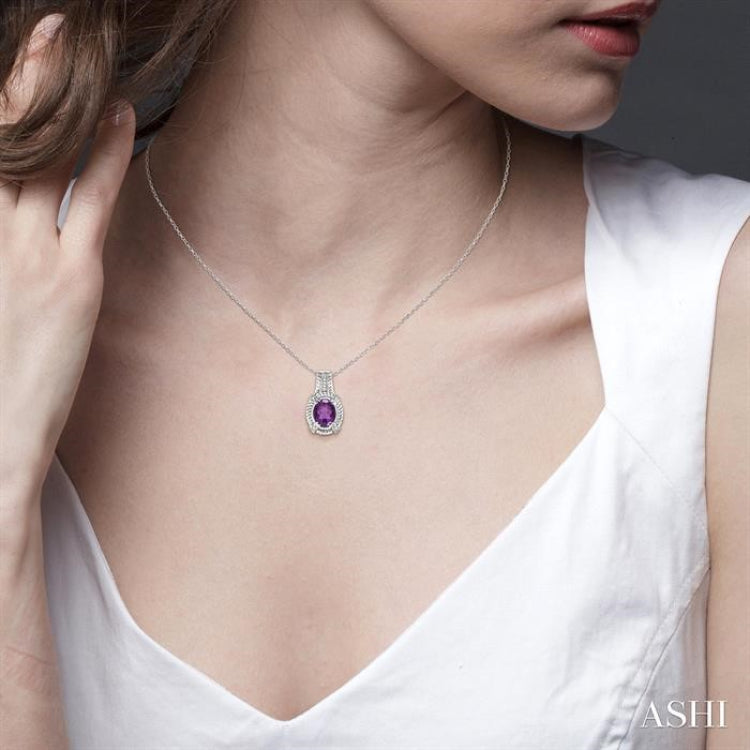 9x7 MM Oval Cut Amethyst and 1/50 Ctw Single Cut Diamond Pendant in Sterling Silver with Chain 9x7 MM Oval Cut Amethyst and 1/50 Ctw Single Cut Diamond Pendant in Sterling Silver with Chain