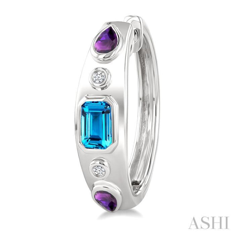 6X4 MM Octagon Shape Blue Topaz & 5X3 MM Pear Shape Amethyst and 1/10 Ctw Round Cut Diamond Semi-Precious Earrings in Sterling Silver 6X4 MM Octagon Shape Blue Topaz & 5X3 MM Pear Shape Amethyst and 1/10 Ctw Round Cut Diamond Semi-Precious Earrings in Sterling Silver