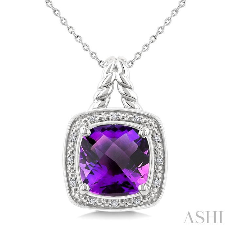 10 MM Cushion Shape Amethyst and 1/20 Ctw Single Cut Diamond Semi-precious Pendant With Chain in Sterling Silver 10 MM Cushion Shape Amethyst and 1/20 Ctw Single Cut Diamond Semi-precious Pendant With Chain in Sterling Silver