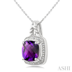 10 MM Cushion Shape Amethyst and 1/20 Ctw Single Cut Diamond Semi-precious Pendant With Chain in Sterling Silver 10 MM Cushion Shape Amethyst and 1/20 Ctw Single Cut Diamond Semi-precious Pendant With Chain in Sterling Silver