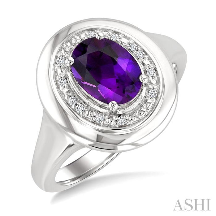 8x6 MM Oval Shape Amethyst and 1/20 Ctw Single Cut Diamond Semi-precious Ring in Sterling Silver 8x6 MM Oval Shape Amethyst and 1/20 Ctw Single Cut Diamond Semi-precious Ring in Sterling Silver