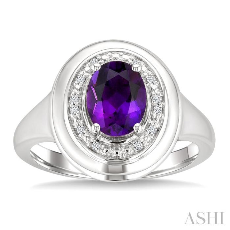 8x6 MM Oval Shape Amethyst and 1/20 Ctw Single Cut Diamond Semi-precious Ring in Sterling Silver 8x6 MM Oval Shape Amethyst and 1/20 Ctw Single Cut Diamond Semi-precious Ring in Sterling Silver